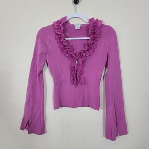Vtg Pink Silk Ruffle Womens M Ribbed Knit Flare Sleeve Top‎ Coquette Y2K Girly